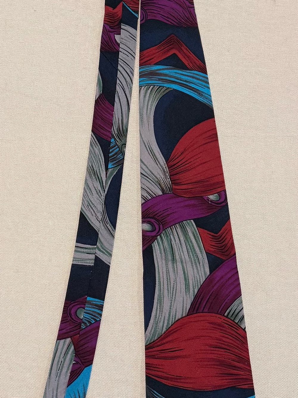 Vintage Men's Abstract Peacock Pattern Silk Tie - Navy, Red & Purple